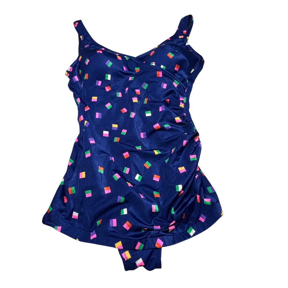 Maxine of Hollywood Swim Suit Women 12 Navy Blue Geometric Confetti One Piece - Picture 2 of 8